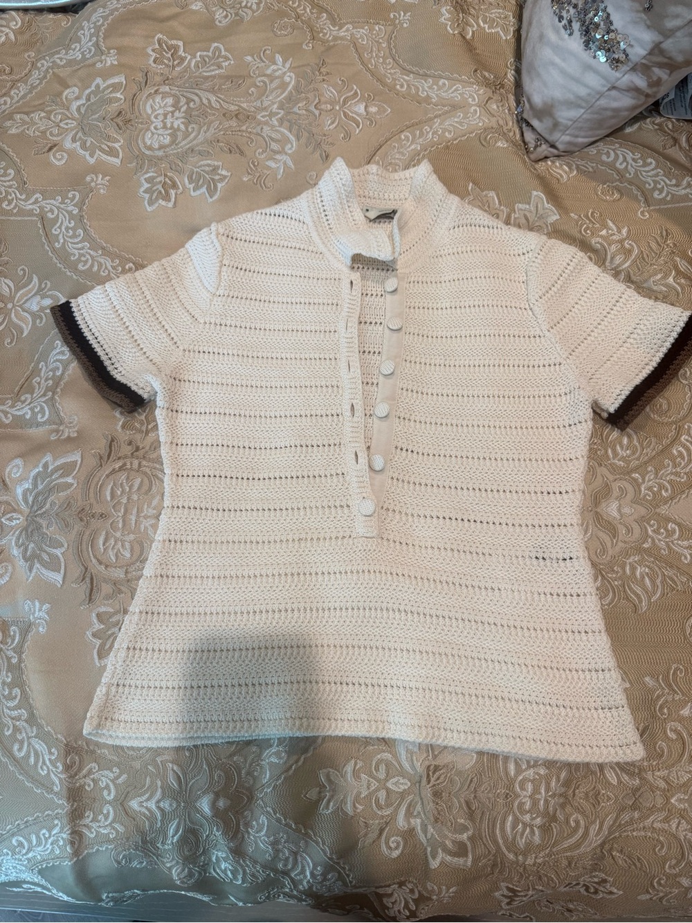 Fendi Cream Short-Sleeve Knit Polo with Brown Trim